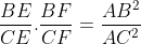 \frac{{BE}}{{CE}}.\frac{{BF}}{{CF}} = \frac{{A{B^2}}}{{A{C^2}}}